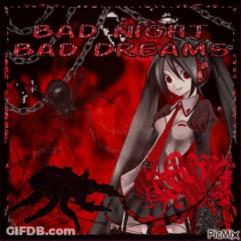 A Picture Of A Girl And A Spider With The Words Bad Night Bad Dreams GIF