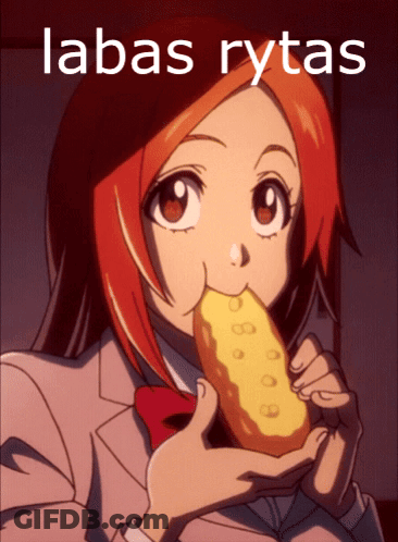 A Picture Of A Girl Eating A Donut With The Words " Labas Rytas " Written Above Her GIF