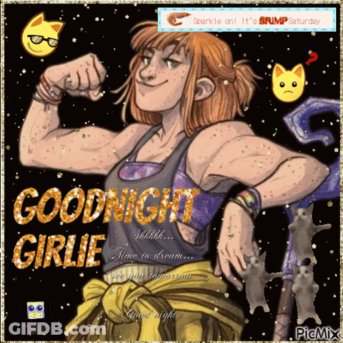 A Picture Of A Girl Flexing Her Muscles With The Words Goodnight Girlie GIF