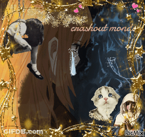 A Picture Of A Girl Hanging From A Chain With The Words Crashout Monde Written On The Bottom GIF