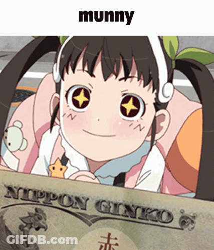 A Picture Of A Girl Holding A Bill That Says Nippon Ginko On It GIF
