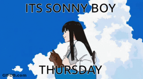 A Picture Of A Girl Holding A Cat With The Words Its Sonny Boy Thursday GIF