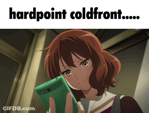 A Picture Of A Girl Holding A Cell Phone With The Words Hardpoint Coldfront Below Her GIF