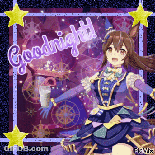 A Picture Of A Girl Holding A Cup Of Milk With The Words Goodnight Written On It GIF