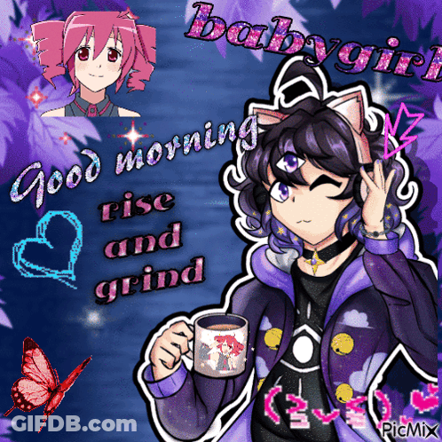 A Picture Of A Girl Holding A Cup That Says Good Morning GIF