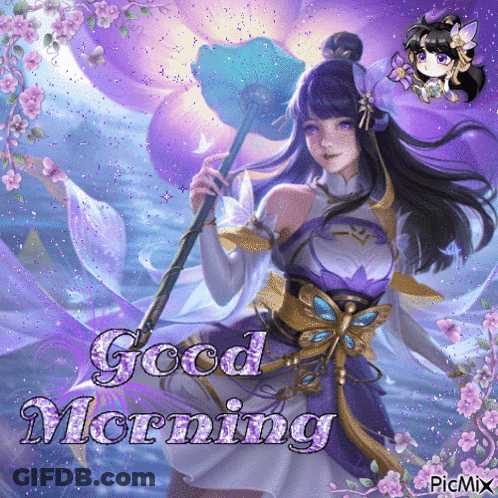 A Picture Of A Girl Holding A Fan With The Words Good Morning Written On It GIF