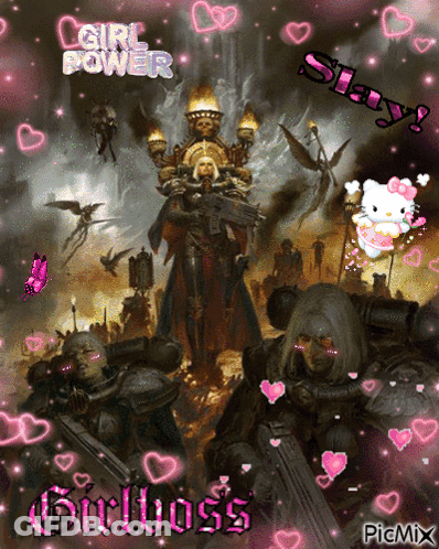 A Picture Of A Girl Holding A Gun With The Words Girl Power And Slay Written On It GIF