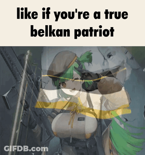 A Picture Of A Girl Holding A Gun With The Words Like If You 'Re A True Belkan Patriot GIF