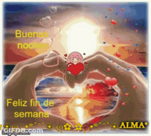 A Picture Of A Girl Holding A Heart With The Words Feliz Fin De Semana On It GIF