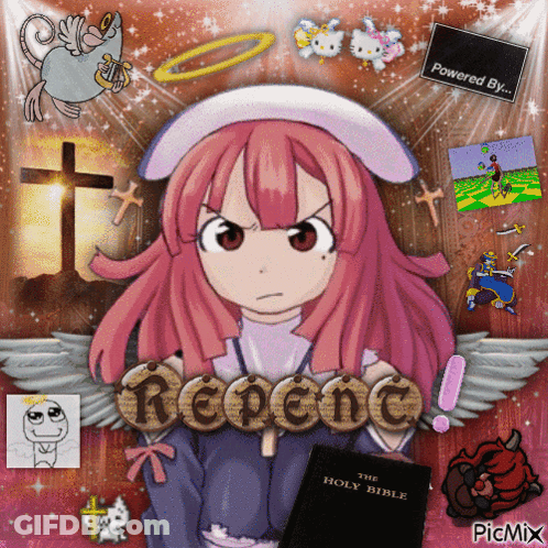A Picture Of A Girl Holding A Holy Bible With The Word Repent Written On It GIF