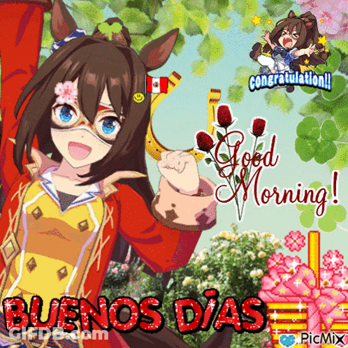 A Picture Of A Girl Holding A Horseshoe And The Words Buenos Dias On The Bottom GIF