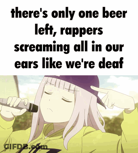 A Picture Of A Girl Holding A Microphone That Says There 'S Only One Beer Left Rappers GIF
