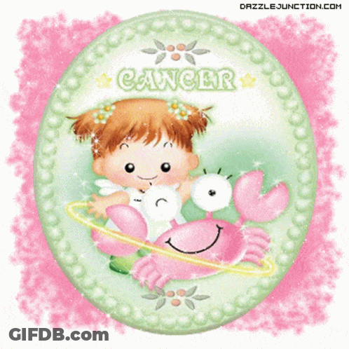 A Picture Of A Girl Holding A Pink Crab With The Word Cancer On It GIF