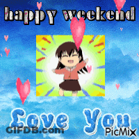 A Picture Of A Girl Holding A Pink Heart With The Words Happy Weekend Love You GIF