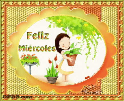 A Picture Of A Girl Holding A Potted Plant With Feliz Miercoles Written On It GIF