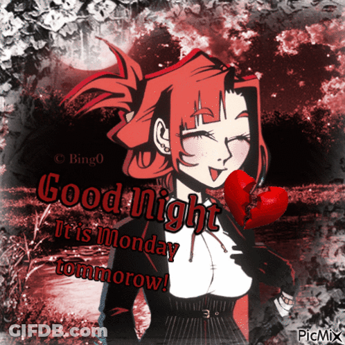 A Picture Of A Girl Holding A Red Heart With The Words Good Night It Is Monday Tomorrow GIF