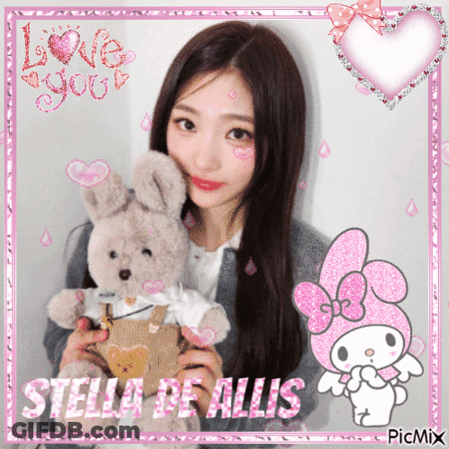 A Picture Of A Girl Holding A Stuffed Animal With The Name Stella Be Allis On It GIF