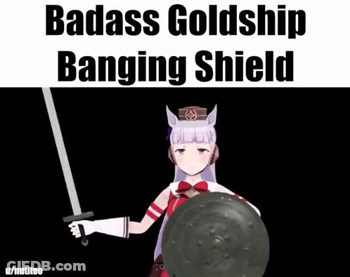 A Picture Of A Girl Holding A Sword And Shield With The Words Badass Goldship Banging Shield GIF