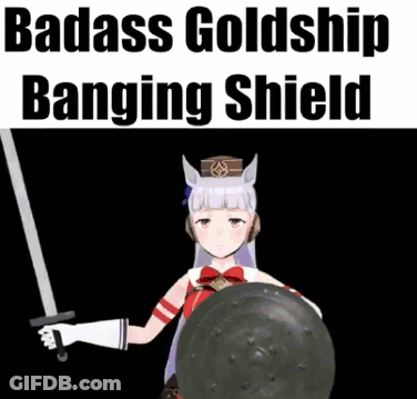 A Picture Of A Girl Holding A Sword And Shield With The Words Badass Goldship Banging Shield GIF