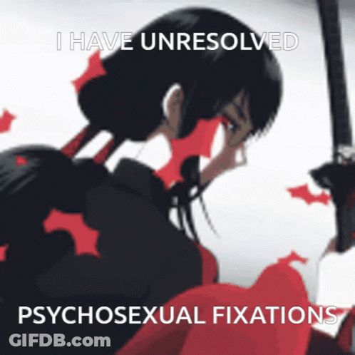 A Picture Of A Girl Holding A Sword With A Caption That Says I Have Unresolved Psychosexual Fixations GIF