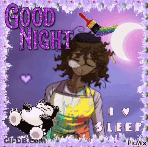 A Picture Of A Girl Holding A Teddy Bear With The Words Good Night I Love Sleep GIF