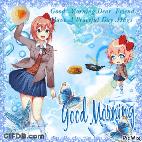 A Picture Of A Girl Holding An Egg And Pancakes With The Words Good Morning Dear Friend GIF