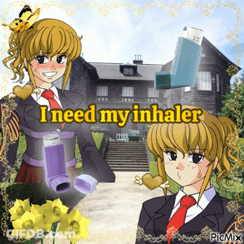 A Picture Of A Girl Holding An Inhaler With The Words I Need My Inhaler Below Her GIF