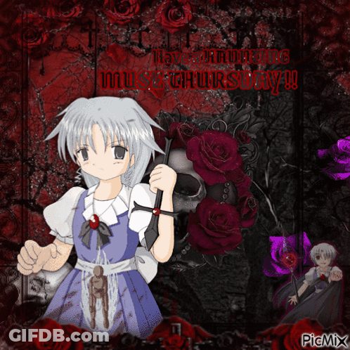 A Picture Of A Girl Holding An Umbrella With A Skull And Red Roses Behind Her GIF