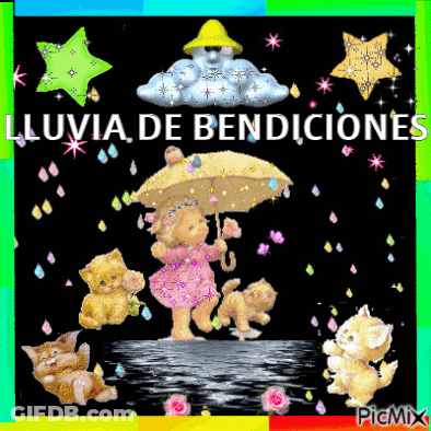 A Picture Of A Girl Holding An Umbrella With The Words " Lluvia De Bendiciones " On It GIF