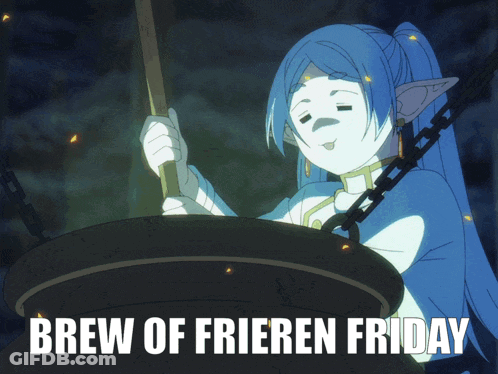 A Picture Of A Girl In A Cauldron With The Words Brew Of Frieren Friday GIF