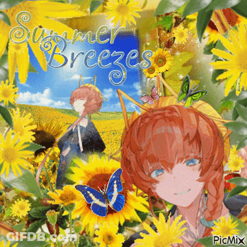 A Picture Of A Girl In A Field Of Sunflowers With The Words Summer Breezes Written On It GIF