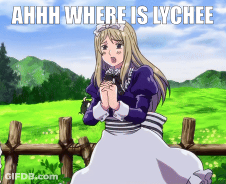 A Picture Of A Girl In A Field With The Words " Ahhh Where Is Lychee " GIF
