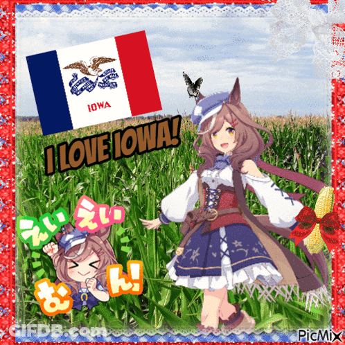 A Picture Of A Girl In A Field With The Words I Love Iowa GIF