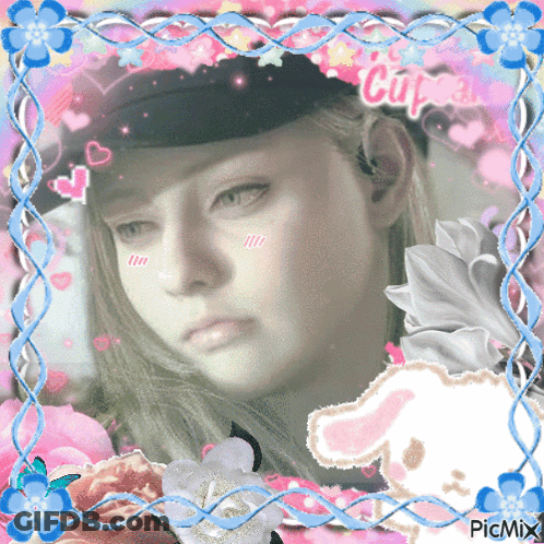A Picture Of A Girl In A Hat With Flowers And The Word Cute On It GIF