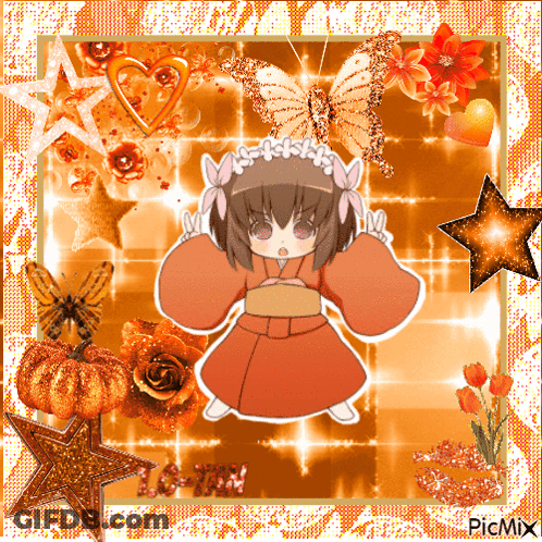 A Picture Of A Girl In A Kimono With Flowers And Butterflies Surrounding Her GIF