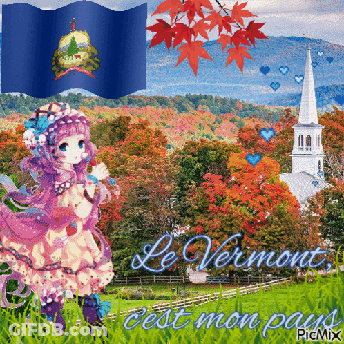 A Picture Of A Girl In A Pink Dress With The Words " Le Vermont C'est Mon Pays " GIF