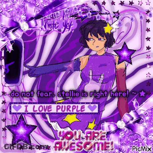 A Picture Of A Girl In A Purple Outfit That Says " Do Not Fear Stellie Is Right Here I Love Purple " GIF