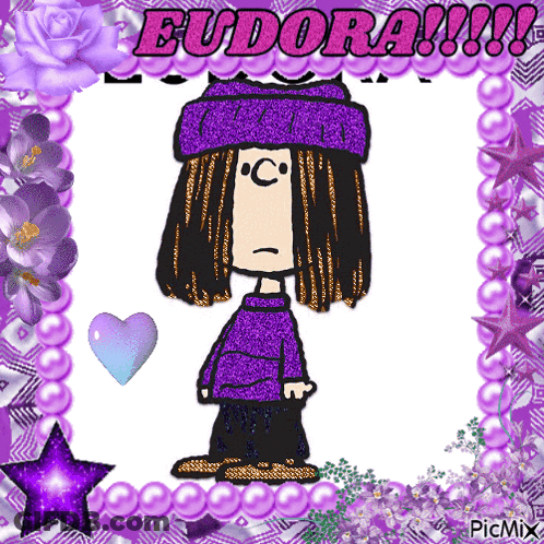 A Picture Of A Girl In A Purple Outfit With Eudora Written On The Top GIF
