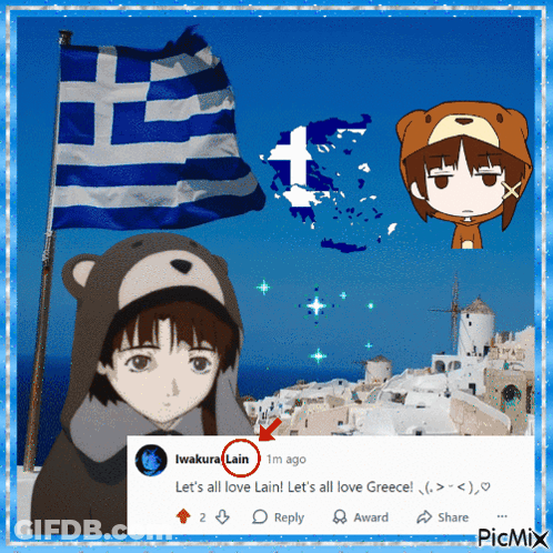 A Picture Of A Girl In A Teddy Bear Costume With A Greek Flag And A Reply From Iwakura Lain GIF