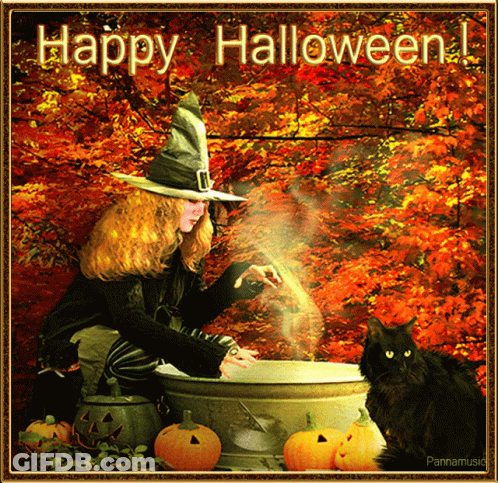 A Picture Of A Girl In A Witch Costume With The Words Happy Halloween Written On It GIF