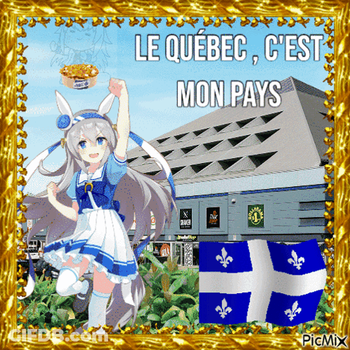 A Picture Of A Girl In Front Of A Building With The Words Le Quebec C'est Mon Pays GIF