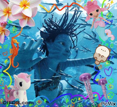 A Picture Of A Girl In The Ocean With Jellyfish And A Unicorn GIF