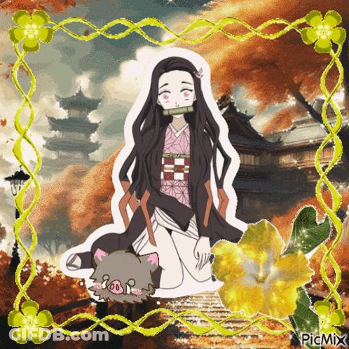 A Picture Of A Girl Kneeling Next To A Pig With Picmix Written On The Bottom Right GIF