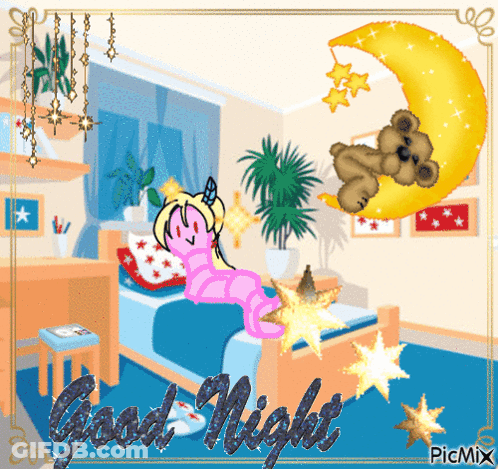 A Picture Of A Girl Laying On A Bed With The Words Good Night Written On The Bottom GIF