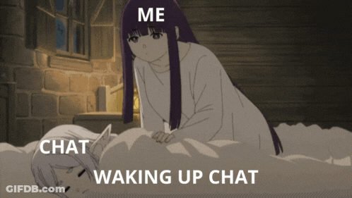 A Picture Of A Girl Laying On A Bed With The Words Me Chat Waking Up Chat Below Her GIF