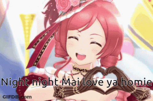 A Picture Of A Girl Making A Heart With Her Hands And The Words Night Night Mai Love Ya Home Below Her GIF