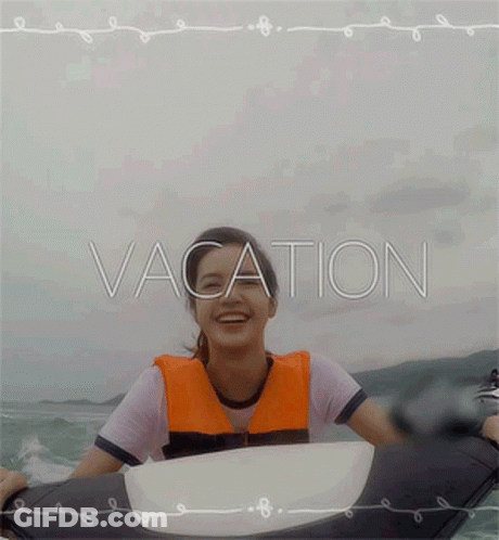 A Picture Of A Girl On A Jet Ski With The Word Vacation On It GIF