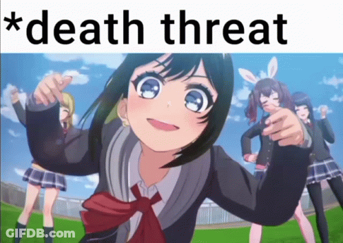 A Picture Of A Girl Pointing At The Camera With The Words * Death Threat * Below It GIF