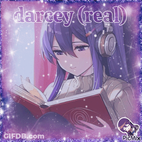 A Picture Of A Girl Reading A Book With Darcey Real Written Above Her GIF