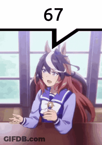 A Picture Of A Girl Sitting At A Table With The Number 67 Above Her GIF